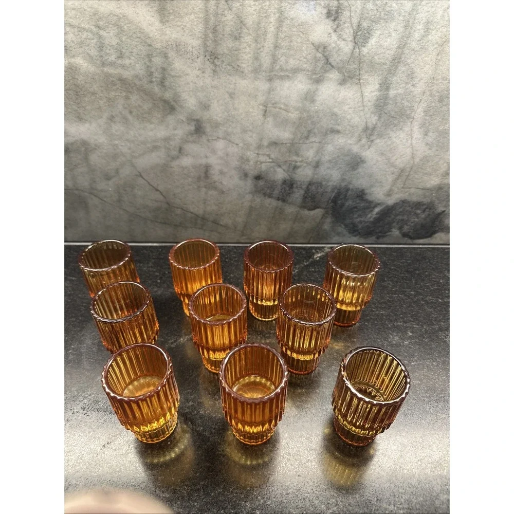 Amber Glass 10 Tealight Candle Holder Ribbed Fluted Tiered Tapered Votive MCM